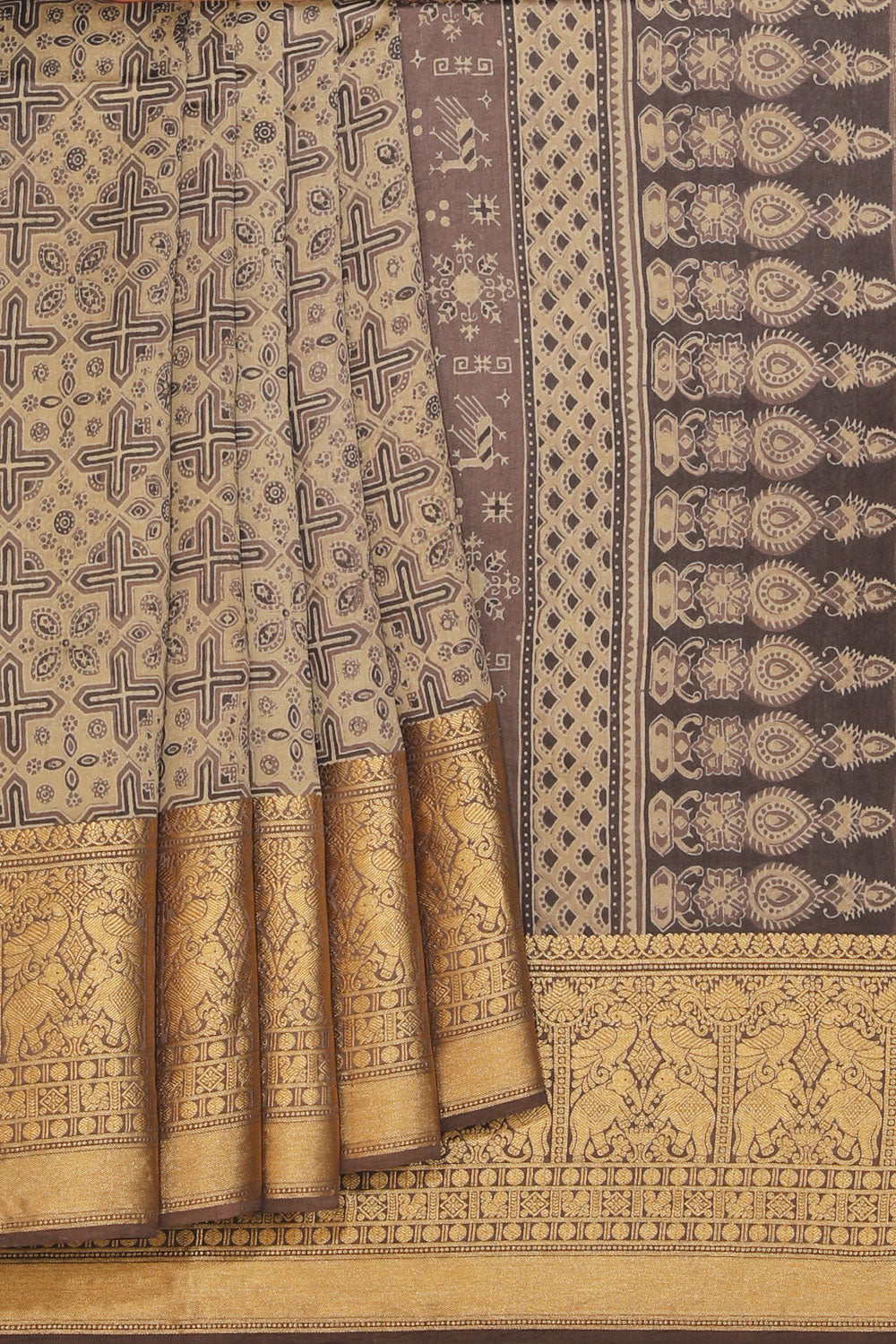 Image of Geomtrical Ajrakh Printed Modal Silk Saree